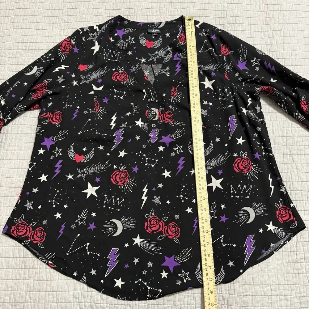 Torrid Harper Challis 3/4 Sleeve Blouse Queen Celestial Black Size 1x 14-16 - Picture 5 of 8